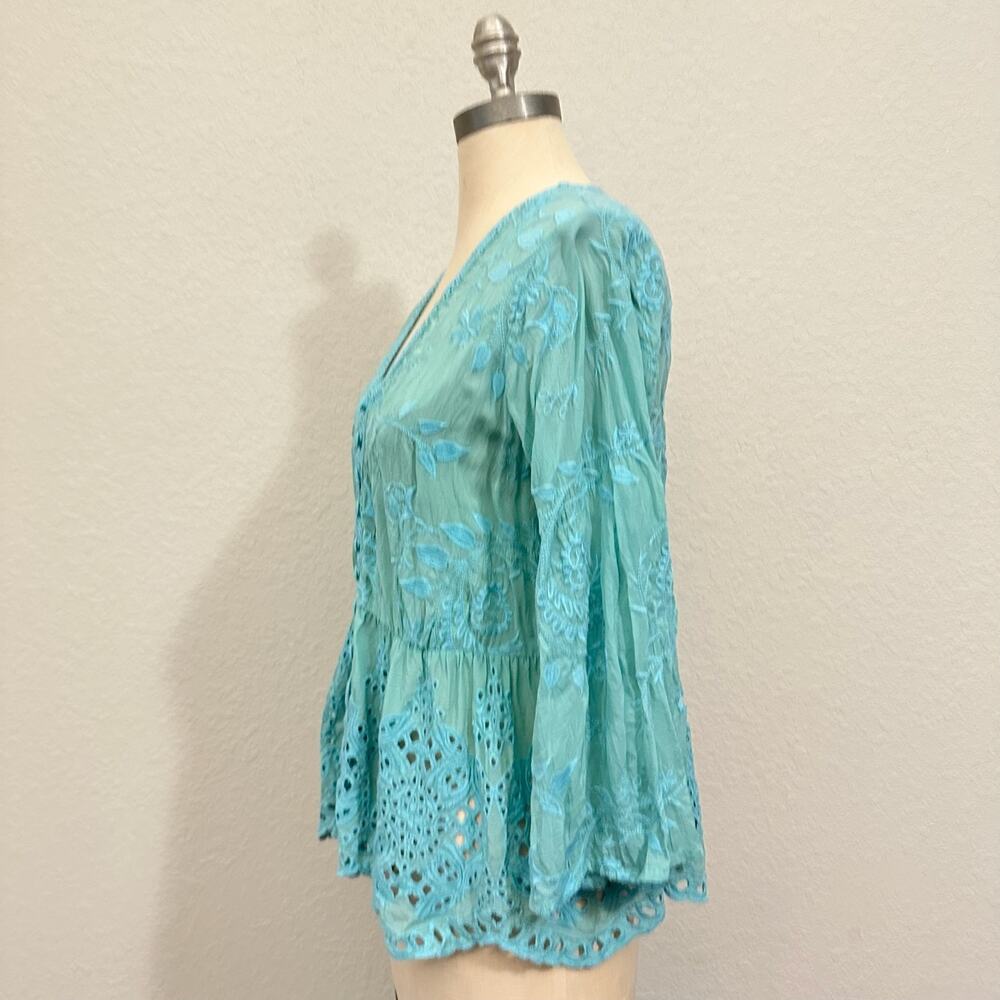 JOHNNY WAS Ingrid Reveka Blouse Top Marine Blue Floral Eyelet Peplum - Picture 7 of 11